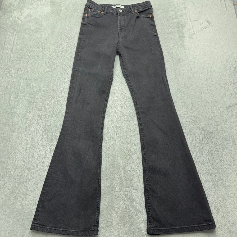 Zara Jeans Women 6 Black Flared High Waisted Faded Denim Bell Bottoms Retro